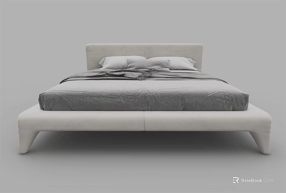 Modern Double Bed With Sleek Frame Gray Bedding Pillows And Blanket 3d model