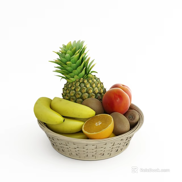 Fresh Assorted Fruits in Wicker Basket Including Pineapple Banana Orange Peach and Kiwi 3d model 