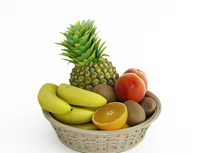 Fresh Assorted Fruits in Wicker Basket Including Pineapple Banana Orange Peach and Kiwi 3d model