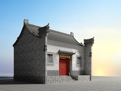 Traditional Chinese Ancient Architecture With Gray Brick Walls Red Door And Decorative Roof Eaves 3d model