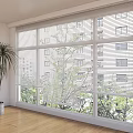 White Window Blinds in Bright Room with Wooden Floor Palm Plant and Green Trees View