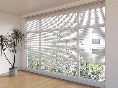 White Window Blinds in Bright Room with Wooden Floor Palm Plant and Green Trees View 3d model