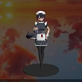 Woman in maid outfit standing on black base with orange red sunset sky and clouds