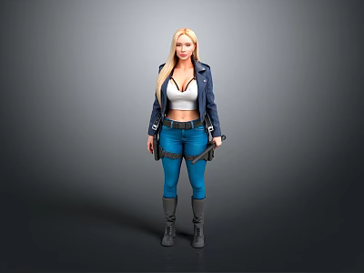 Woman With Blonde Long Hair Wearing Blue Jacket White Top Blue Jeans And Boots 3d model
