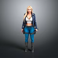 Woman With Blonde Long Hair Wearing Blue Jacket White Top Blue Jeans And Boots