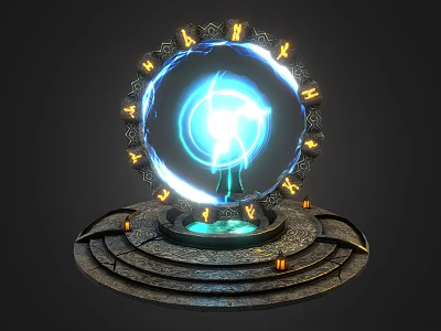 Mystical Glowing Orb with Circular Rune Engraved Ring and Tiered Stone Pedestal Emanating Blue Light 3d model