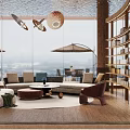 Modern Elegant Lobby Interior With White Horse Sculpture Marble Floor And Circular Design