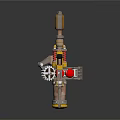 Unique Weapon Design With Yellow Circular Part Red Components And Wooden Grip