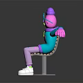 Cartoon Character in Colorful Outfit Sitting on Wooden Bench with Purple Head and Glasses