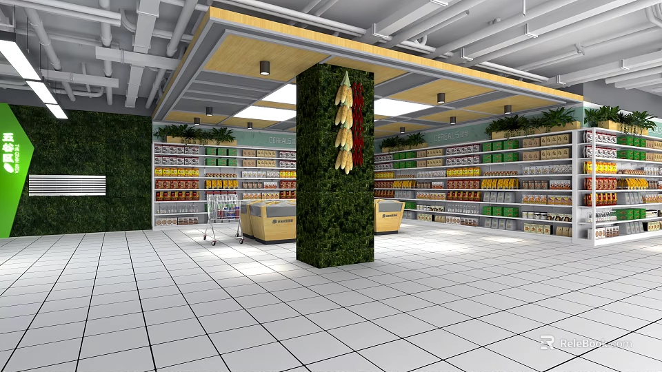 Supermarket Interior With Open Layout Green Plant Decorated Pillar Shopping Carts And Product Displays 3d model 