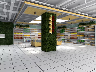 Supermarket Interior With Open Layout Green Plant Decorated Pillar Shopping Carts And Product Displays 3d model