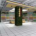 Supermarket Interior With Open Layout Green Plant Decorated Pillar Shopping Carts And Product Displays