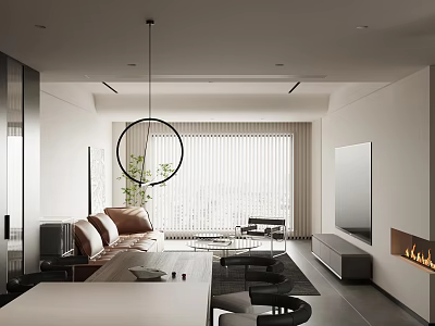 Modern Living And Dining Room Interior With Circular Pendant Light Sofa TV Fireplace And Blinds 3d model