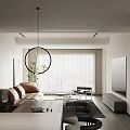 Modern Living And Dining Room Interior With Circular Pendant Light Sofa TV Fireplace And Blinds