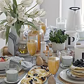 Elegant Tableware Collection With Tulips Jam Jar Juice Glasses Fresh Fruits Desserts And Linen Napkins