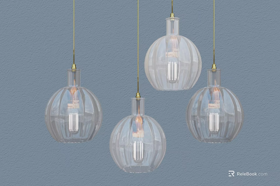 Four Transparent Spherical Textured Pendant Lights Hanging On Blue Wall 3d model 