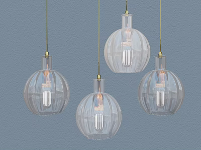 Four Transparent Spherical Textured Pendant Lights Hanging On Blue Wall 3d model