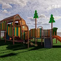 Kids Playground With Wooden Slide Climbing Frame On Green Grass Field Under Blue Sky