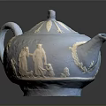 Light Blue Teapot With Intricate Sculpture Carving And Relief Figures Design