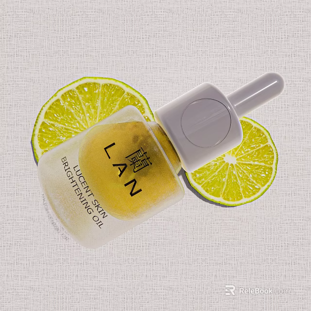 LAN Brightening Serum Revitalizing Oil With Fresh Lime Slices On Light Fabric Background 3d model 
