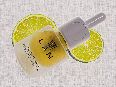 LAN Brightening Serum Revitalizing Oil With Fresh Lime Slices On Light Fabric Background 3d model