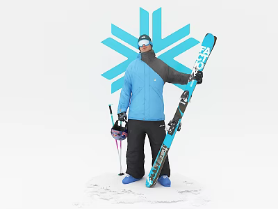 Man In Blue Jacket Holding Skis And Poles With Snowflake Background 3d model