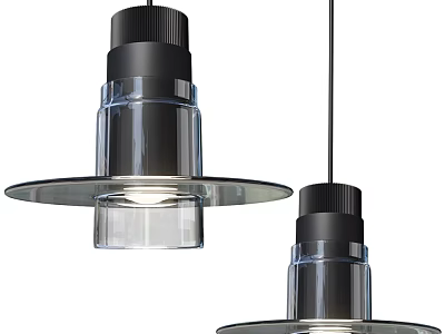 Two Modern Pendant Lights With Transparent Glass And Black Metal Design 3d model