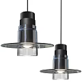 Two Modern Pendant Lights With Transparent Glass And Black Metal Design