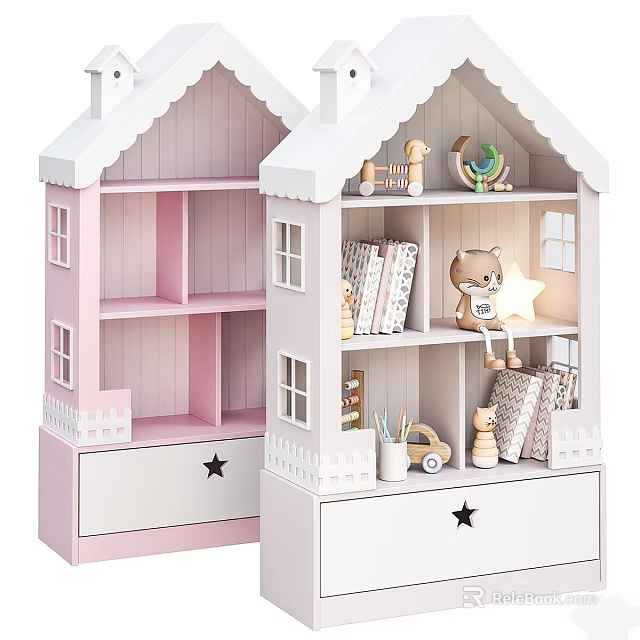 Pink And White House Shaped Bookshelves With Drawers Toys And Books 3d model 