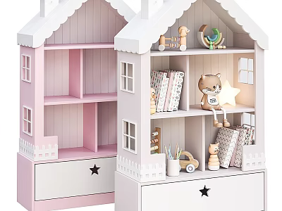 Pink And White House Shaped Bookshelves With Drawers Toys And Books 3d model