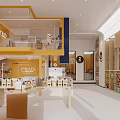 Spacious Two Story Pet Shop Interior With Yellow Blue Structure Pets Counter And Staircase