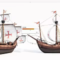 Two Vintage Wooden Sailing Ships With Red Cross Sails Masts And Flags