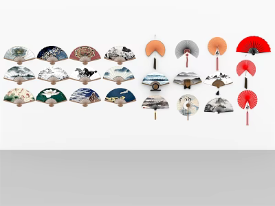 Traditional Chinese Fan Wall Hangings with Colorful Designs and Hand Painted Patterns for Home Decor 3d model