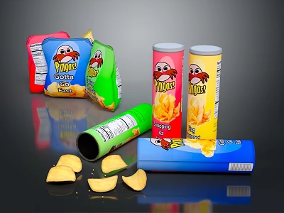 Munchy's Potato Chips With Open Bag Scattered Chips And Various Packaging Cans Box 3d model
