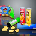 Munchy's Potato Chips With Open Bag Scattered Chips And Various Packaging Cans Box