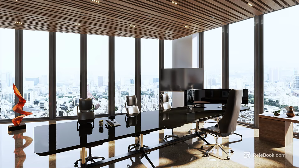 Modern Conference Room Interior With Black Table Chairs And Large City View Windows 3d model 