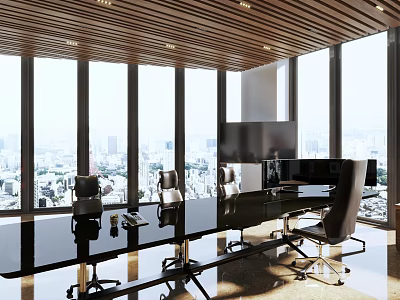 Modern Conference Room Interior With Black Table Chairs And Large City View Windows 3d model