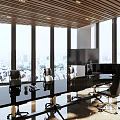 Modern Conference Room Interior With Black Table Chairs And Large City View Windows