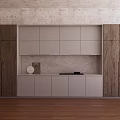 Dark Wooden And Light Gray Kitchen Cabinets With Marble Countertop Textured Wall And Wooden Floor
