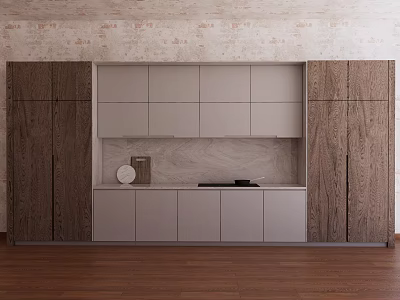 Dark Wooden And Light Gray Kitchen Cabinets With Marble Countertop Textured Wall And Wooden Floor 3d model