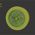 Contemporary Circular Furniture Decor Piece With Yellow Base And Green Maze Pattern