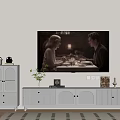 Wooden TV Stand in Living Room with Vase Photo Frame Books Above Decorative Painting