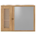 Modern Light Oak Wooden Cabinet With Woven Panel And Mirror Door Design