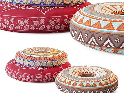 Decorative Round Floor Cushions With Colorful Geometric And Floral Patterns For Home Use 3d model