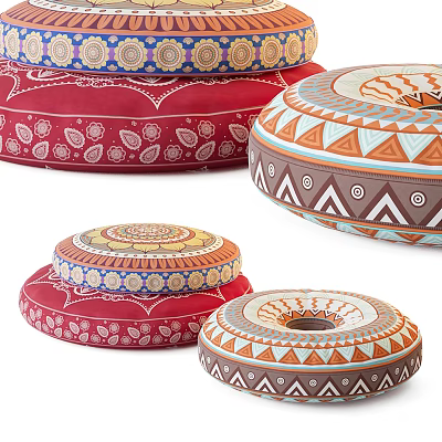 Decorative Round Floor Cushions With Colorful Geometric And Floral Patterns For Home Use 3d model