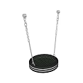 Outdoor Playground Swing With Circular Mesh Seat Black Color White Bottom Stripes And Chain Suspension