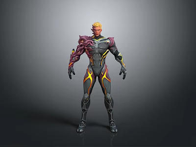 Sci Fi Character Design With Blonde Hair Red Yellow Accents Mechanical Arm And Black Bodysuit 3d model