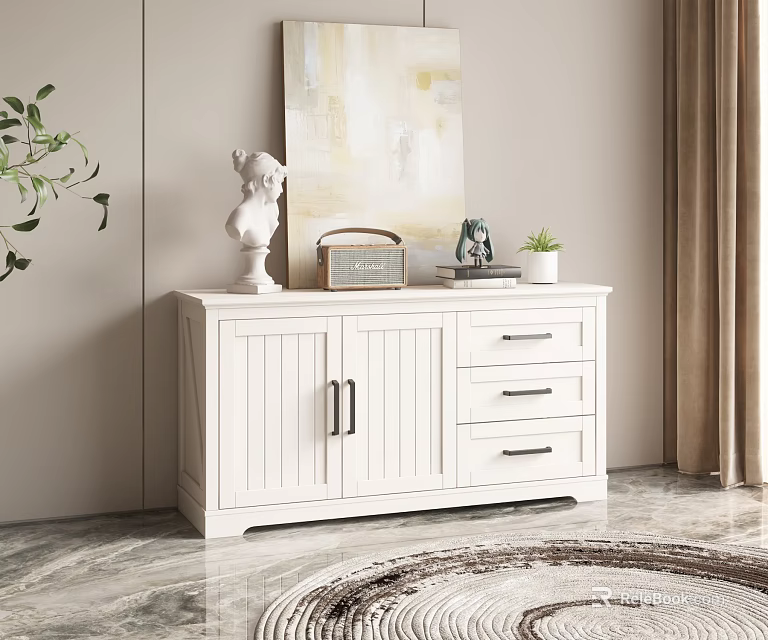 Elegant Modern Entryway Sideboard With White Finish Doors Drawers And Decorative Items On Top 3d model 