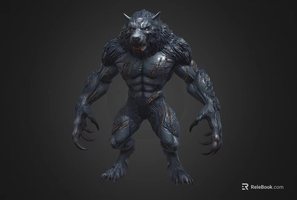 Game Movie Character Werewolf With Muscular Body Black Fur Scarred Skin Sharp Fangs And Claws 3d model 