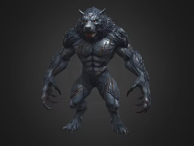 Game Movie Character Werewolf With Muscular Body Black Fur Scarred Skin Sharp Fangs And Claws 3d model